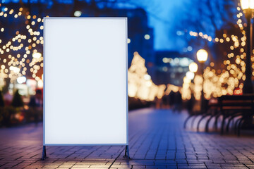 Blank large vertical billboard in city. Blurred, bokeh, night background. Advertisement and marketing concept. Mockup banner for public publicity.  - obrazy, fototapety, plakaty