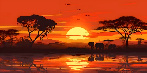 Tuinposter Sunset in Africa with tree and animal's silhouette © Natalina