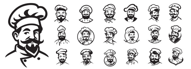 A cook with a chef's hat on his head,  black and white vector, silhouette shapes illustration - obrazy, fototapety, plakaty