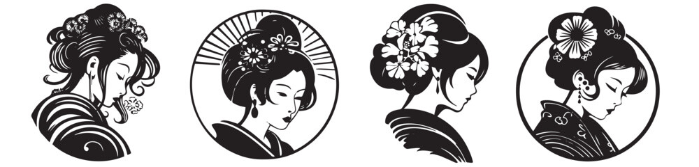 Japanese woman, geisha, black and white vector, silhouette shapes illustration - obrazy, fototapety, plakaty