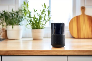 a voice-activated smart speaker on a kitchen counter