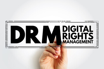 DRM Digital Rights Management - set of access control technologies for restricting the use of proprietary hardware and copyrighted works, acronym text stamp - obrazy, fototapety, plakaty