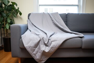 weighted blanket on a calm color couch