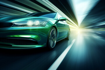 green car at high speed along the highway obscures the speed of movement 3d rendering AI generative...