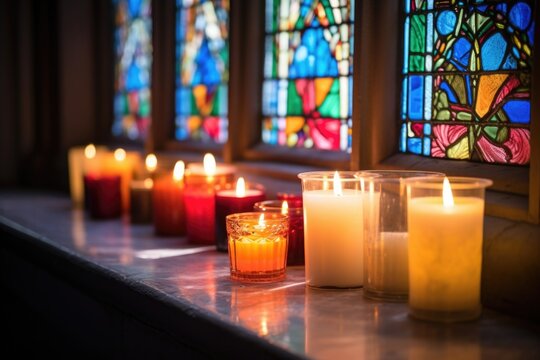 burning candles near a christian churchs stained-glass window