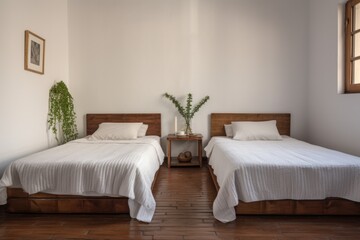 simple bedroom with two separate, neatly made beds