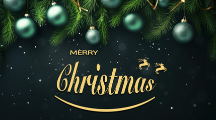 Christmas decorations with packaging gifts and Christmas tree, ball on green background. Flat lay, copy space