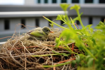 a bird nested on a green office buildings green roof