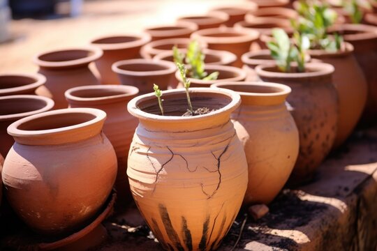 cracked clay pot in a lineup of intact pots