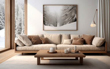 Modern interior sofa has light grey pillow and wood frame, in the style of meticulous lines, natural