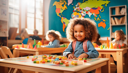 children of different races play and learn in a nursery school