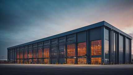Modern industrial large warehouse  with blue sky and clouds in the background. Industrial concept - obrazy, fototapety, plakaty