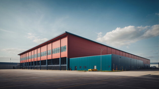 Modern industrial large warehouse  with blue sky and clouds in the background. Industrial concept
