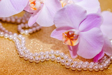 Fototapeta na wymiar purple Orchid and pearl necklace on a shiny gold background