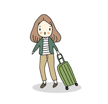 Young woman with a Suitcase goes on vacation, hand drawn style vector illustration