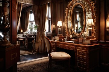 a room with large, ornate mirrors and a mahogany desk - obrazy, fototapety, plakaty