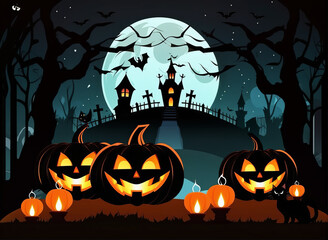 Halloween pumpkin head jack lantern with burning candles, Spooky Forest with a full moon and wooden table, Pumpkin In Graveyard, flat style. . Ai Generative