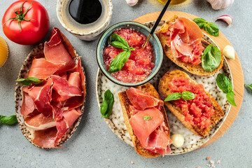 Toast with tomato and Olive oil and jamon ham, traditional Spanish breakfast