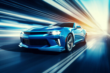 blue car at high speed along the highway obscures the speed of movement, 3d rendering. AI generative    - Powered by Adobe