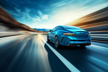 blue car at high speed along the highway obscures the speed of movement, 3d rendering. AI generative    - obrazy, fototapety, plakaty