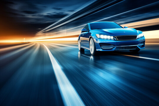 blue car at high speed along the highway obscures the speed of movement, 3d rendering. AI generative   