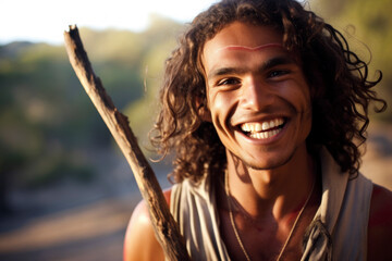 Young Aboriginal man chuckling, with a spear from wood in the background.
