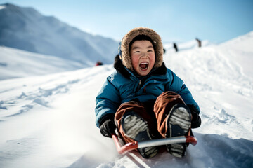 Fototapeta na wymiar Young Asian boy laughing out loud, sledding down a hill.