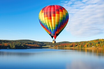 hot air balloon decorated with bright colors floating in mid-air