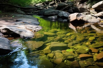 Obraz premium a rushing, rocky creek flowing into a calm pond