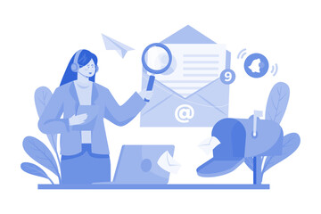 Developer with magnifying glass working with customer mail.