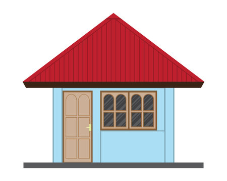 vector of a guard post or it could also be called a simple small house with a red triangular roof and light blue walls with one door and two brown windows
