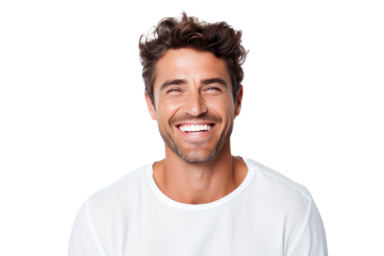 Studio portrait of a handsome young white Americana man with a beautiful smile isolated on transparent png background.