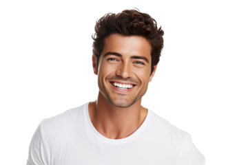 Studio portrait of a handsome young white Americana man with a beautiful smile isolated on transparent png background.