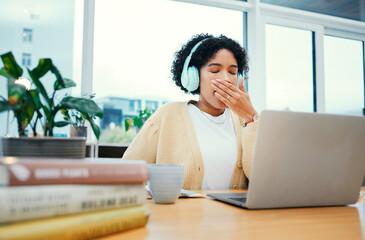 Business, burnout and tired woman yawn with laptop in office sleepy, low energy or lazy. Fatigue,...