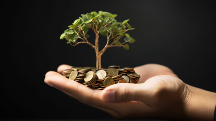 hand holding and planting coin tree represent the growth of money from investments and savings