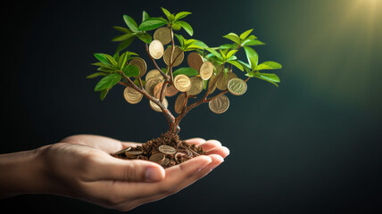 hand holding and planting coin tree represent the growth of money from investments and savings - obrazy, fototapety, plakaty