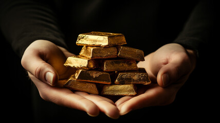 hand hold gold bars, safe haven in recession or crisis - obrazy, fototapety, plakaty
