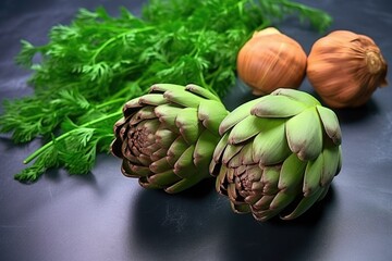 Fototapeta premium whole, fresh artichokes on a dark stone background