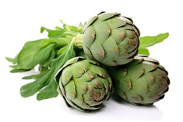 Fototapeta premium freshly picked artichokes arranged on a white background