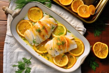 overhead shot of baked cod with lemon halves on table