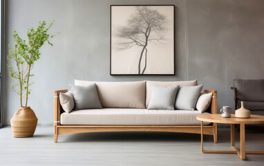 Modern interior sofa has light grey pillow and wood frame, in the style of meticulous lines, natural