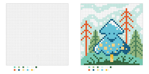 Cute christmas tree, winter landscape. Color by number. Pixel coloring book. Numbered squares