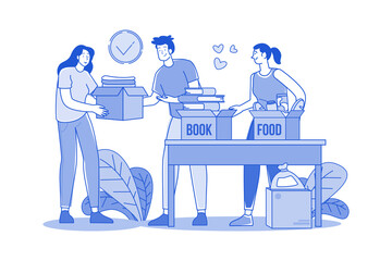 The group of volunteers is receiving charity items