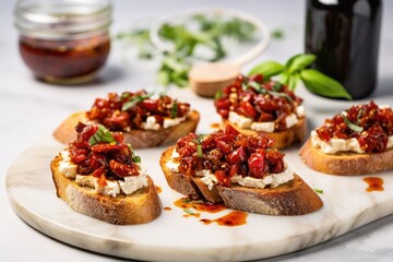 bruschetta with sundried tomatoes and goat cheese on a marble tray - obrazy, fototapety, plakaty