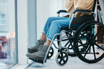 Home, closeup and woman with a wheelchair, calm and accident with results, support and mobility....