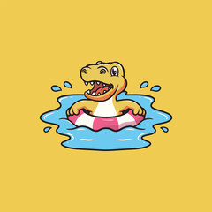 Cute t rex swimming in the pool cartoon illustration