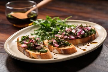 ceramic plate of bruschetta with chopped arugula and red onion