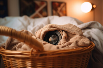 Camera hidden near towel in laundry basket indoors