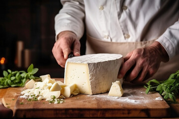 A farmer demonstrates a piece of cheese he made with his own hands. Homemade cheese production on a farm. Natural product. Close-up. Farming concept.
