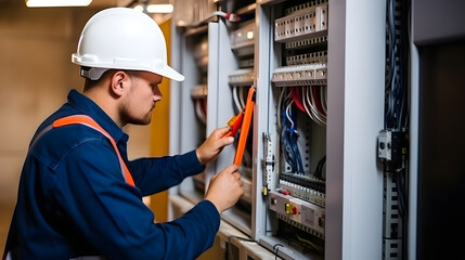 Male electrician working in an electrical panel